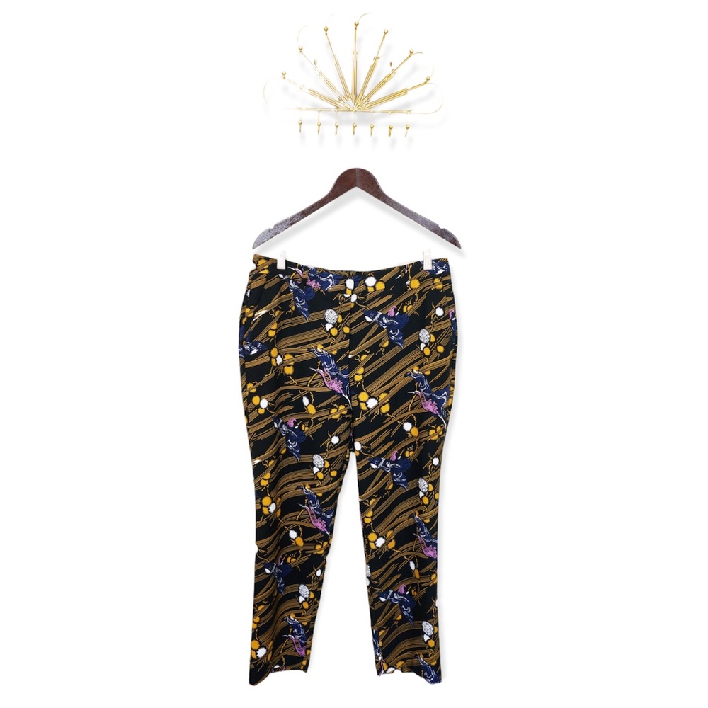 BIBA Black Multi Color Floral Crane Bird Print Trouser Pants